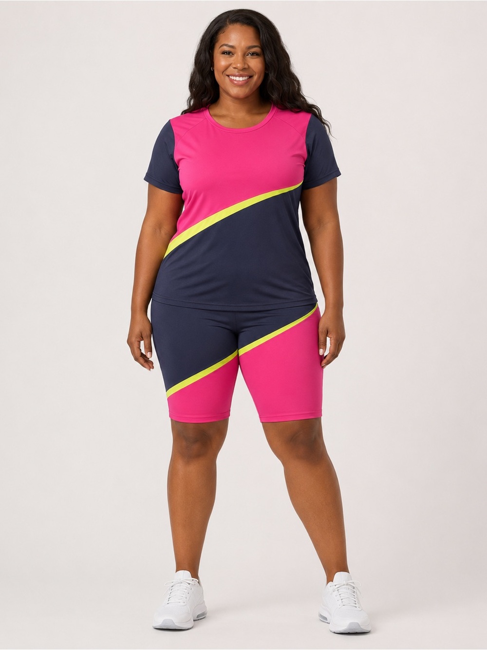 TRUE ROCK Pink & Navy Plus Size Colorblock Bike Shorts with Neon Accent